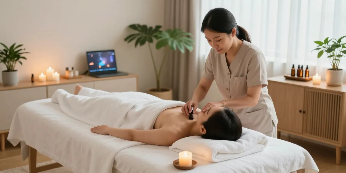 신림출장마사지 service in a tranquil home setting, showcasing a Korean therapist providing a relaxing massage with essential oils.