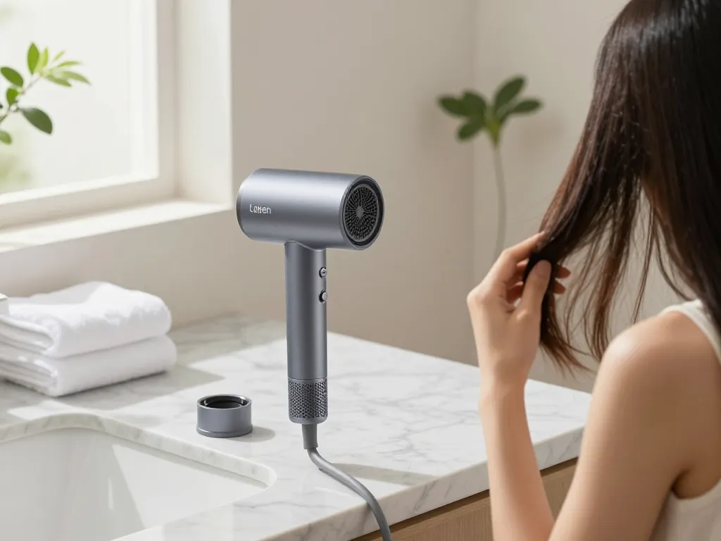 Woman styling hair with Laifen hair dryer in a serene bathroom setting.