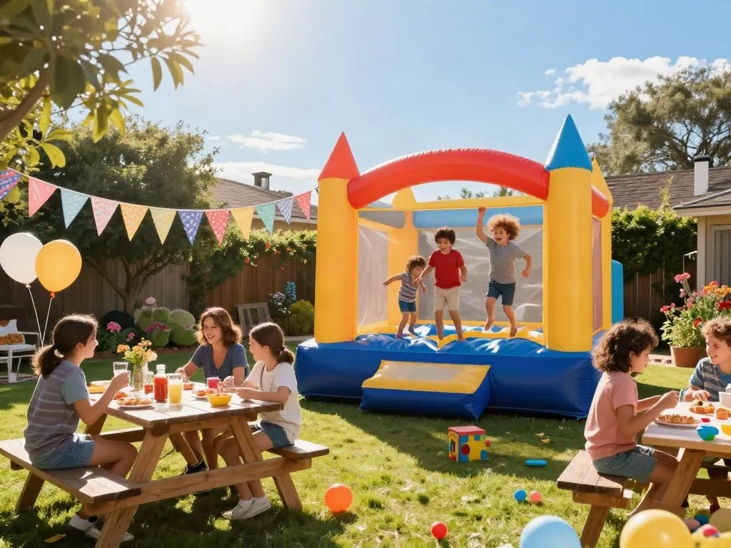 Kids enjoying a bounce house at a lively backyard party with decorations and snacks.