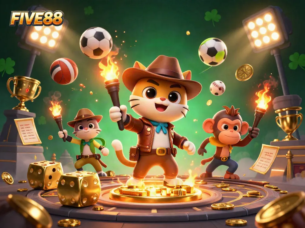 Join the thrill with FIVE88's dynamic casino experience surrounded by sports elements and golden treasures.