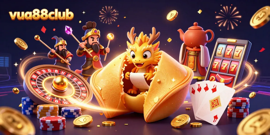 Play to win big with VUA88Club in this vibrant and dynamic casino scene featuring golden fortune cookie and dragon.