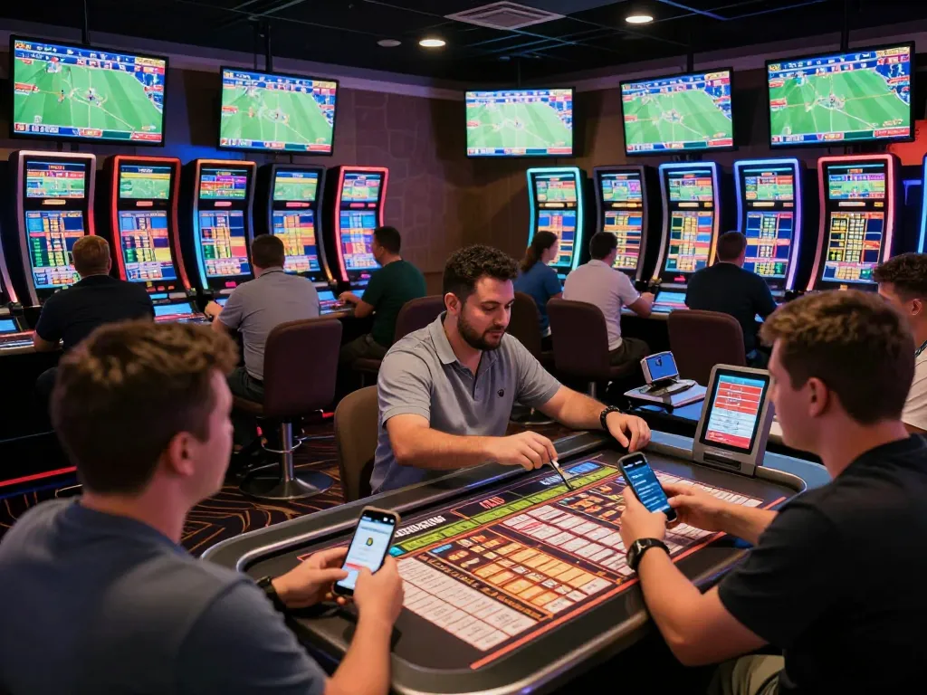 Experience excitement at VB88 sports betting area with enthusiastic bettors checking odds.