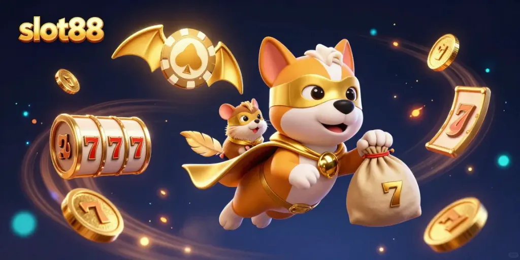 Heroic dog symbolizing slot88 bravery, flying through coin-filled skies amidst jackpot excitement.