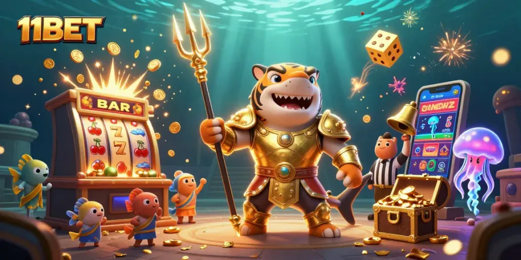 Engage with 11BET's thrilling underwater casino scene featuring a tiger shark and vibrant gaming elements.