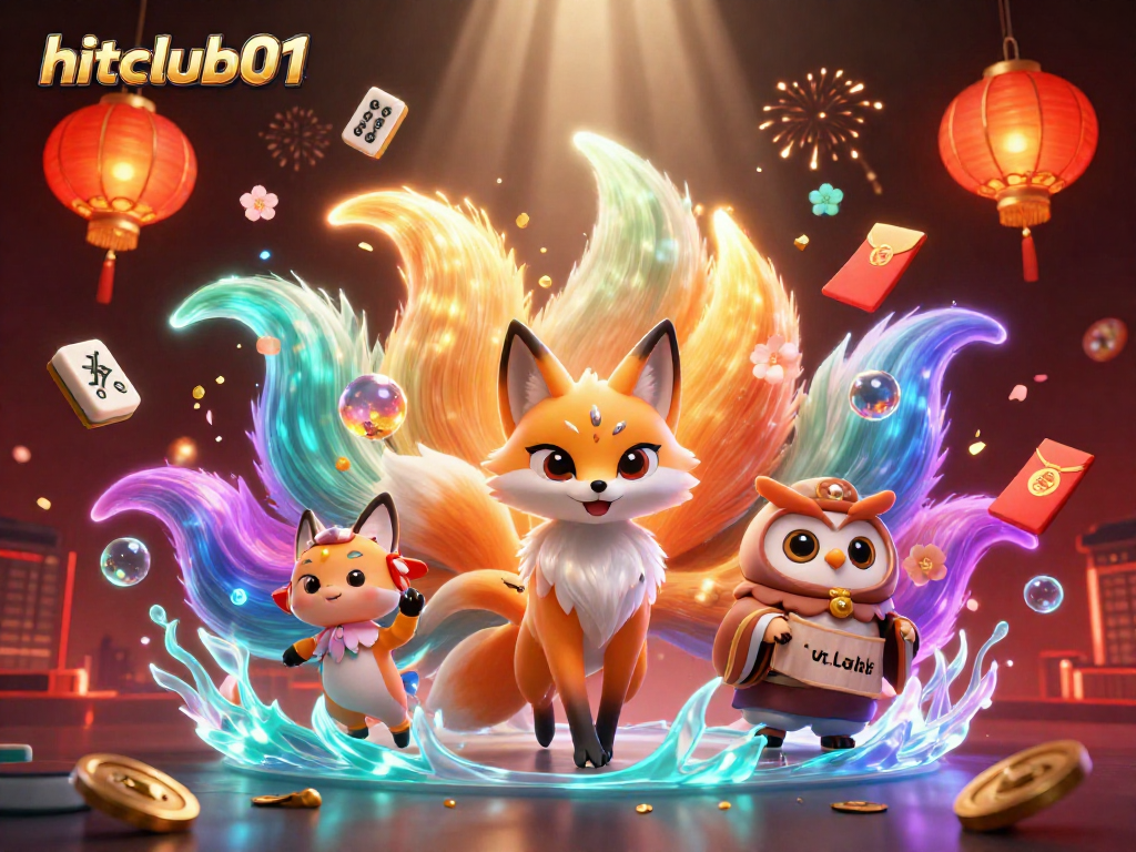 Engage in thrilling gameplay with hitclub01, featuring a vibrant 3D scene of a fox spirit and wise owl surrounded by colorful gambling elements.