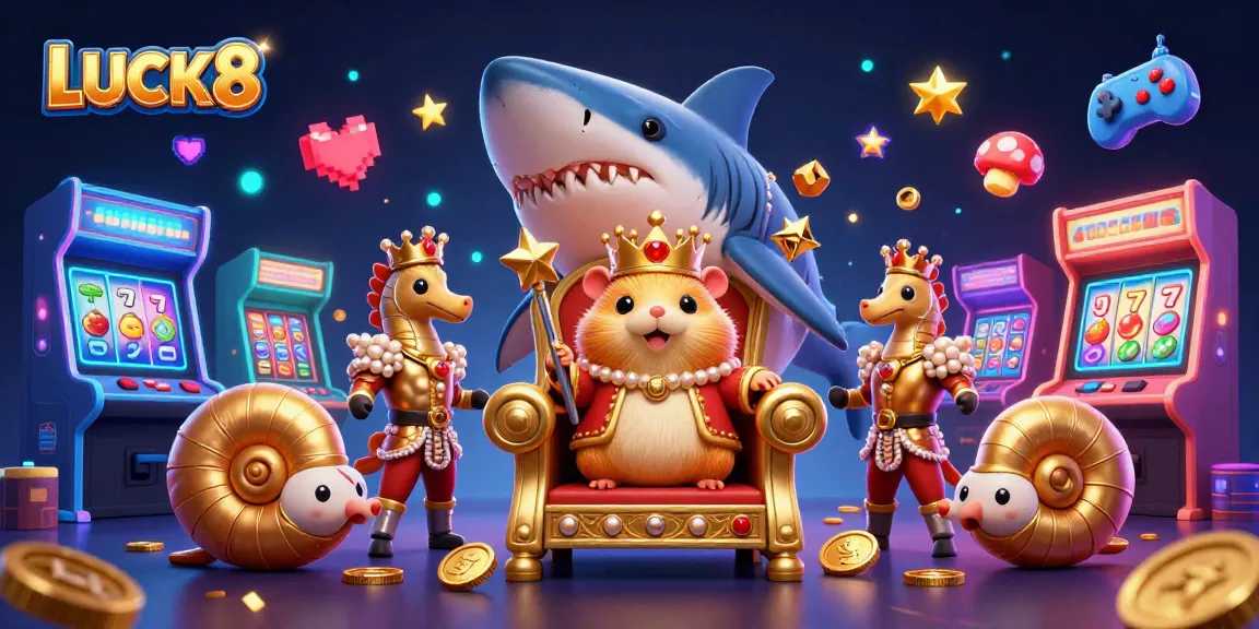 LUCK8 captures the excitement of gaming with a golden hamster king on a shark throne surrounded by playful casino elements.