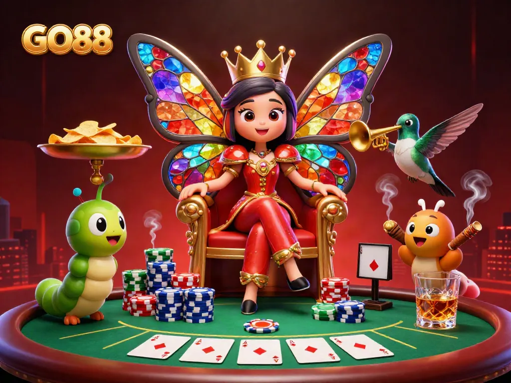 Experience GO88's vibrant casino world with a cartoon butterfly queen and lively gaming elements.