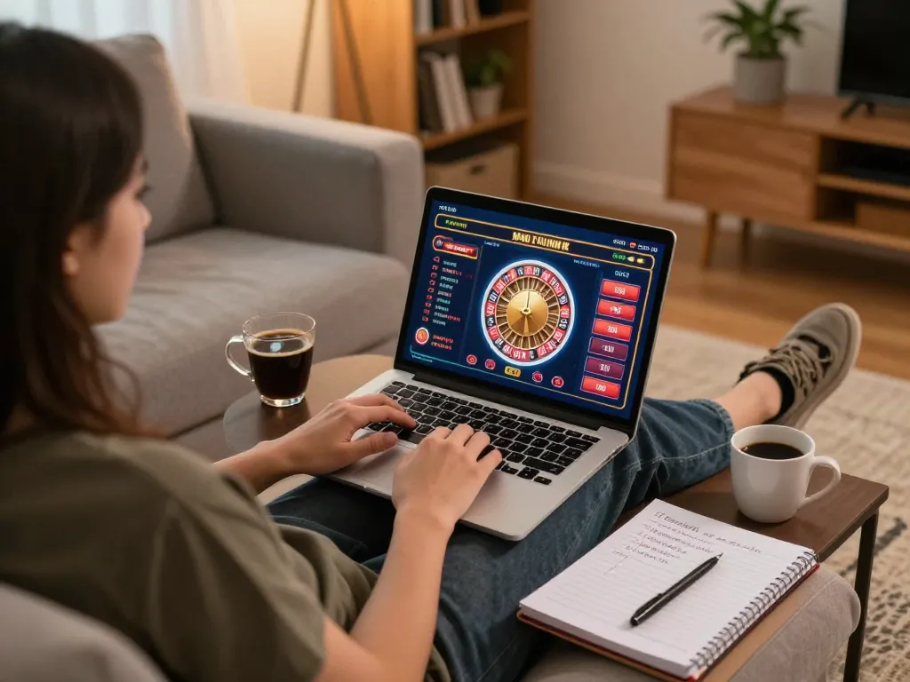 Player engaging in online casino gaming on 79sodoe with a laptop and notes in a cozy home setting.