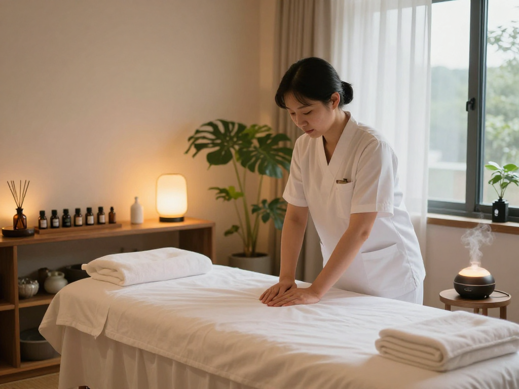 Relaxing massage room setup for 관악구출장안마 with essential oils, soft lighting, and calming decor.