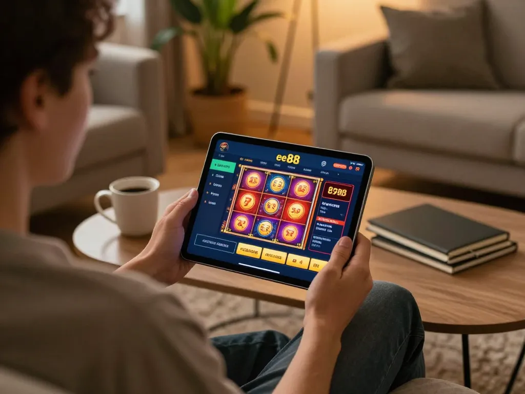 Engaging in online gambling at ee88 casino app from a cozy home setup.
