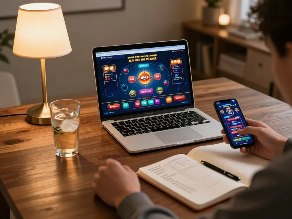 Active gaming scene at nhà cái SC88, mobile app interface displayed on phone amidst a cozy home setting.
