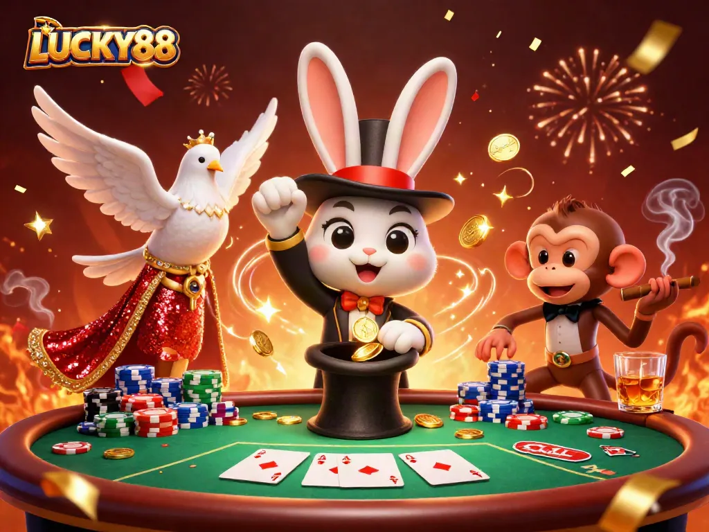 Spin and win with LUCKY88 in this vibrant casino scene filled with excitement and magic.