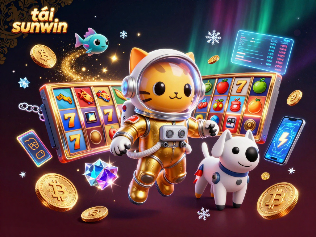 Engage with tải sunwin through vibrant slot reels and cryptocurrency in a dynamic 3D casino scene.