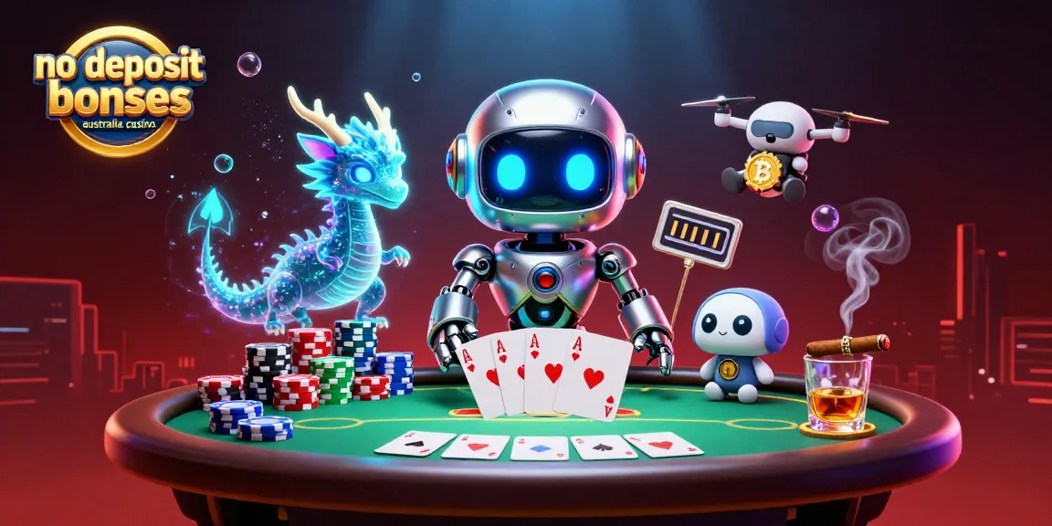 No deposit bonuses australia casino illustration showcasing a futuristic robot and friends at a vibrant poker scene.