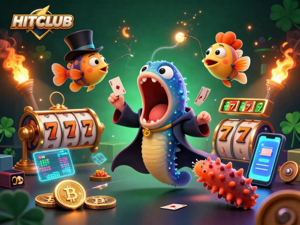 Win big with HITCLUB in this vibrant 3D illustration featuring unique characters and exciting casino elements.