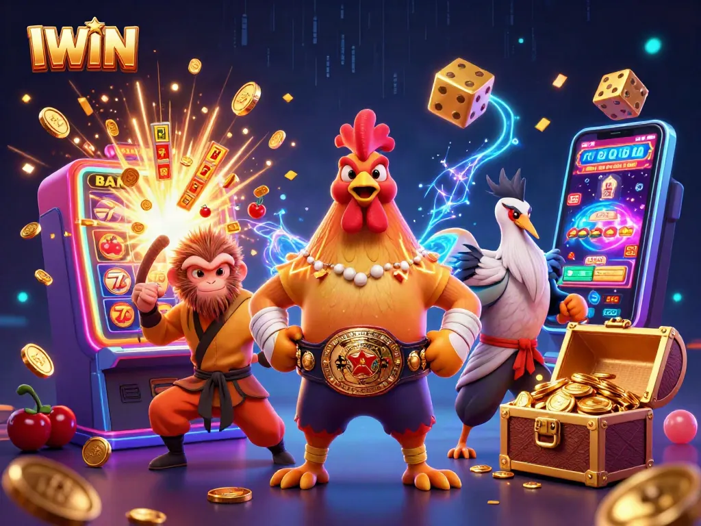 Boost your winnings with IWIN's casino immersive scene featuring dynamic slot machines and vibrant characters.