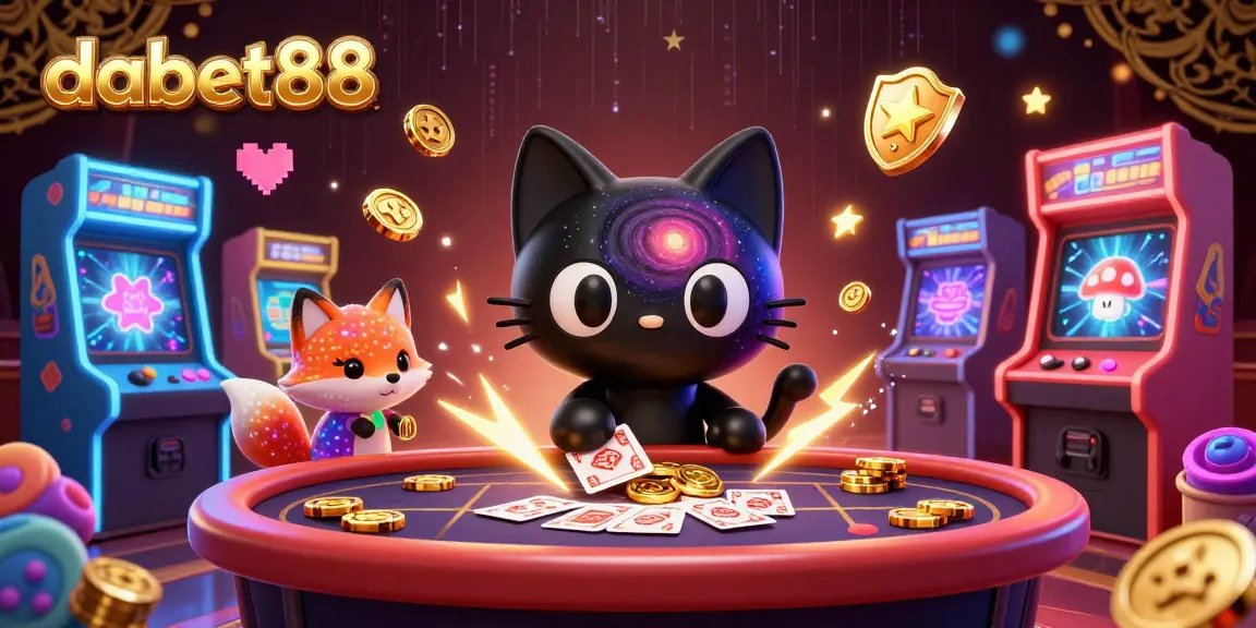 Dabet88 captivates players at a cosmic casino table with glowing gaming machines and colorful companions.