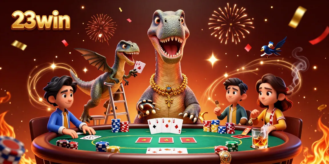 Experience thrilling poker action with 23win as a dinosaur watches over an exciting card game.