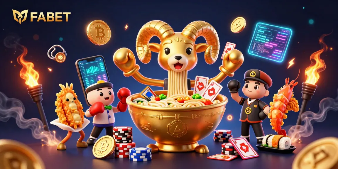 FABET showcases an electrifying scene with a ramen bowl dealer and crypto elements in a casino setting.