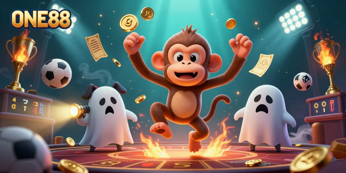 ONE88's engaging and lively casino scene with a poltergeist monkey and a ghost-hunter puppy amidst dynamic sports elements.
