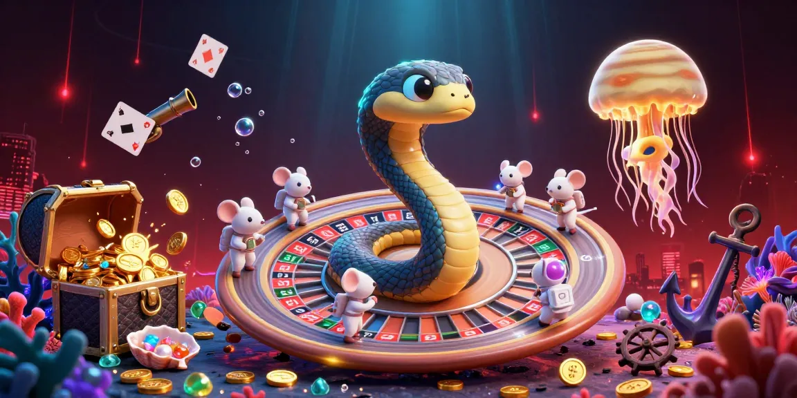 DABET offers thrilling gambling action with a vibrant, interactive scene featuring a dazzling roulette wheel and cartoon characters making bets.