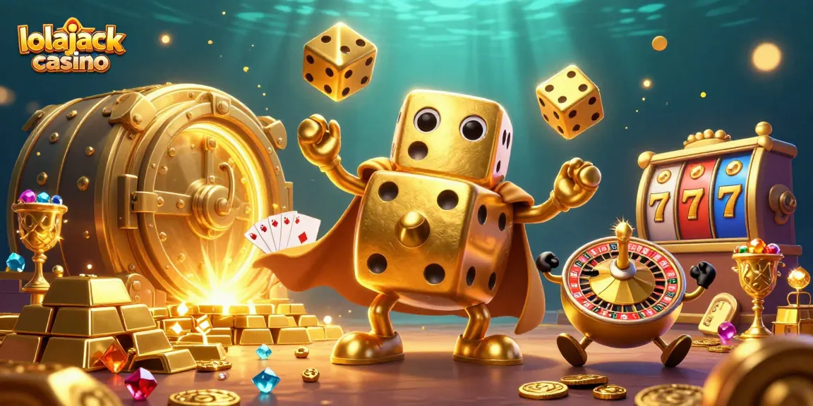 Experience the thrill at lolajack casino with golden dice and vibrant slot machines.