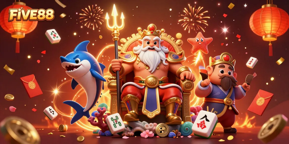 Experience thrilling moments with FIVE88's vibrant online casino illustration featuring Neptune and festive elements.