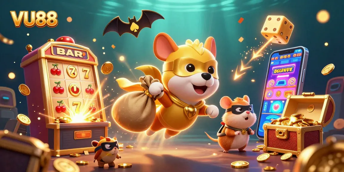 Experience the thrill of VU88 with a superhero dog and sidekick, surrounded by vibrant casino elements.