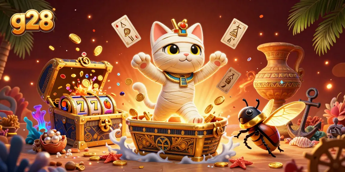 Engage with g28 games featuring a vibrant Egyptian-themed casino scene full of dynamic gaming elements.
