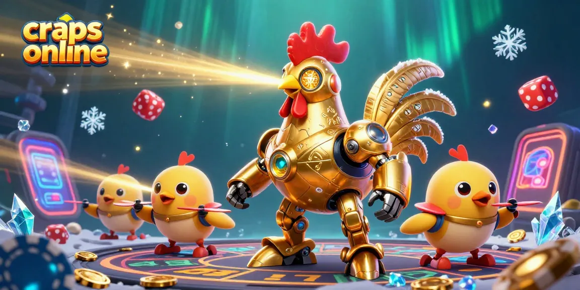 Engage in craps online with a lively 3D scene featuring a golden rooster robot.