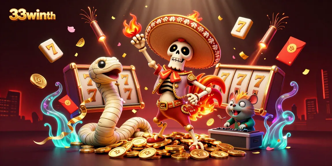 Experience thrilling slots with 33winth’s vibrant golden imagery, featuring a dancing rooster and dynamic festivities.